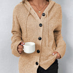 Khaki hooded knit cardigan with button front and textured knit finish
