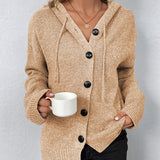 Khaki hooded knit cardigan with button front and textured knit finish