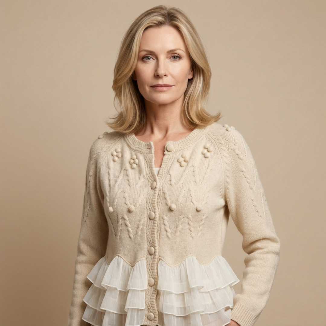 Cream ruffle-front cardigan with button placket, textured bobble knit, and tiered hem