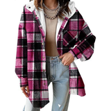 Plaid hooded shacket jacket with sherpa-lined collar, magenta and black plaid, button front