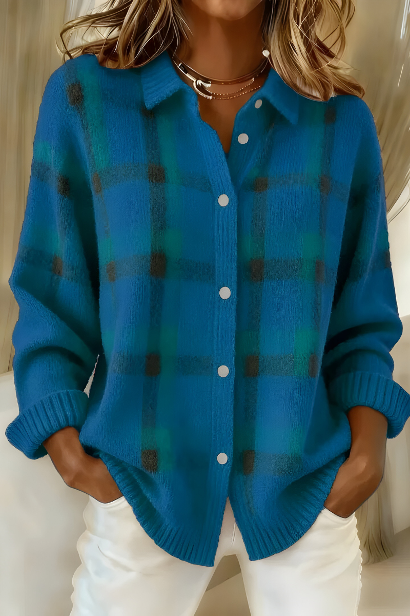 Teal plaid button-front cardigan sweater with collared neckline and long sleeves