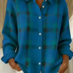 Teal plaid button-front cardigan sweater with collared neckline and long sleeves