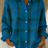Teal plaid button-front cardigan sweater with collared neckline and long sleeves