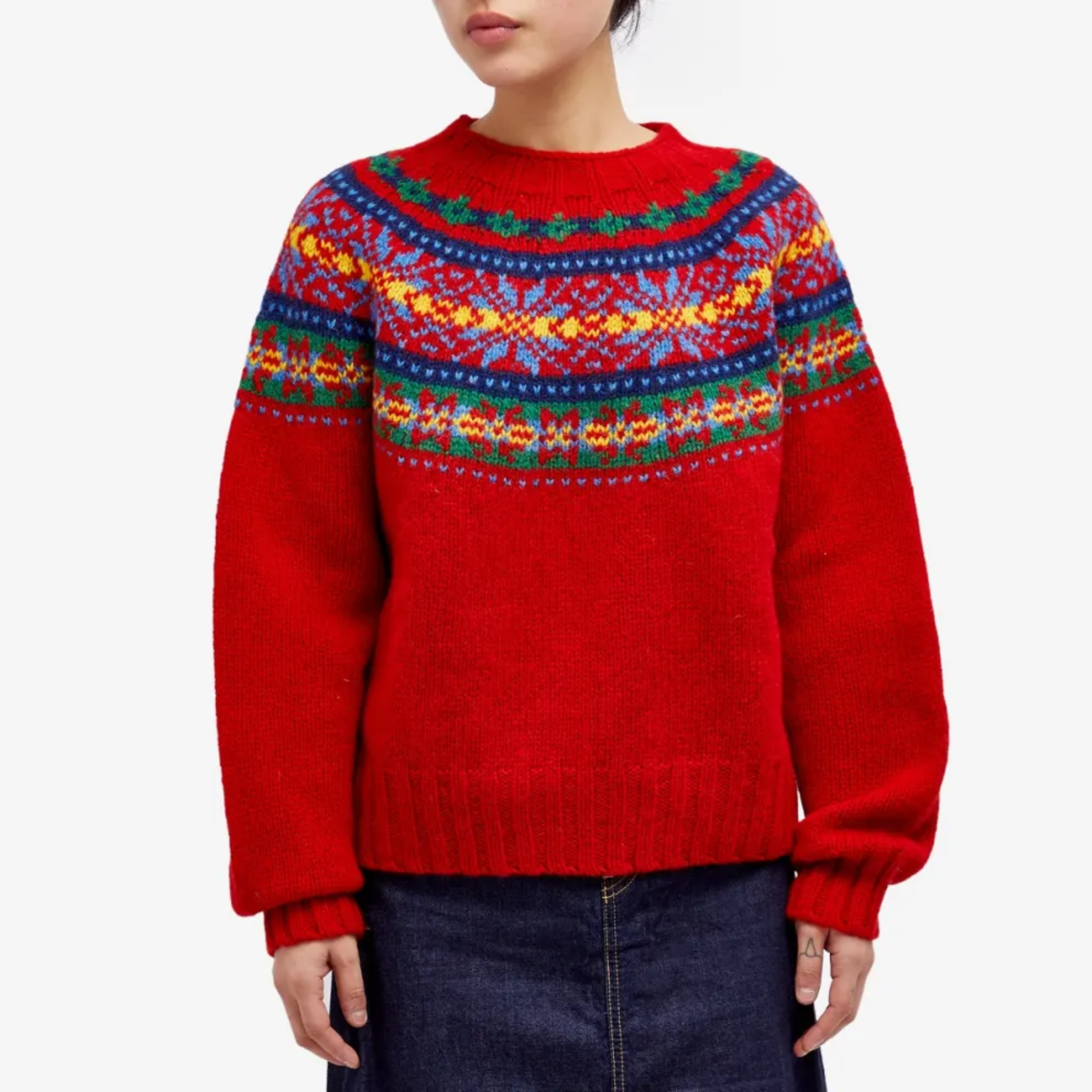 Vintage Carlotta™ pullover sweater, red Fair Isle knit with ribbed crew neck
