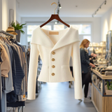 White ribbed knit button-front top with long sleeves and peplum hem