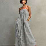 Minimalistisches, gestreiftes Maxikleid für Damen mit roten Akzenten und Spaghettiträgern