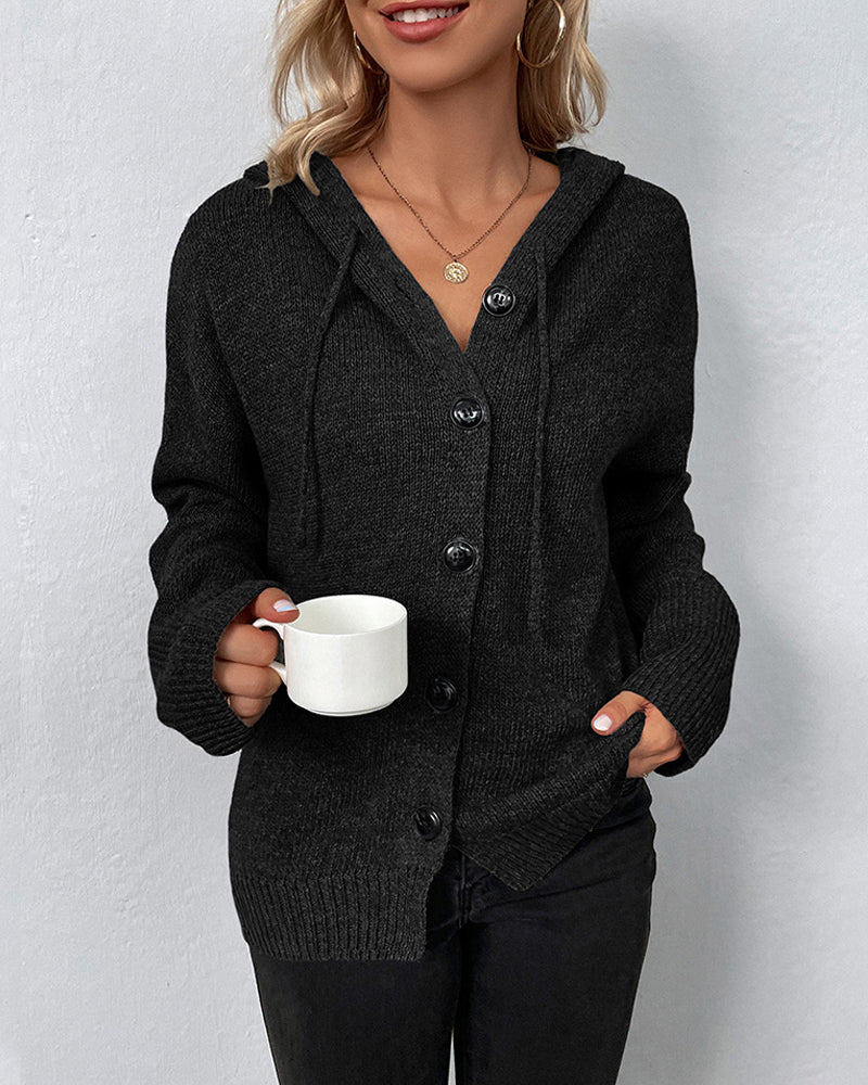 Black hooded knit cardigan with front buttons and ribbed cuff details