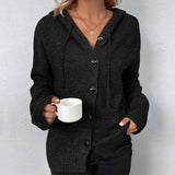 Black hooded knit cardigan with front buttons and ribbed cuff details