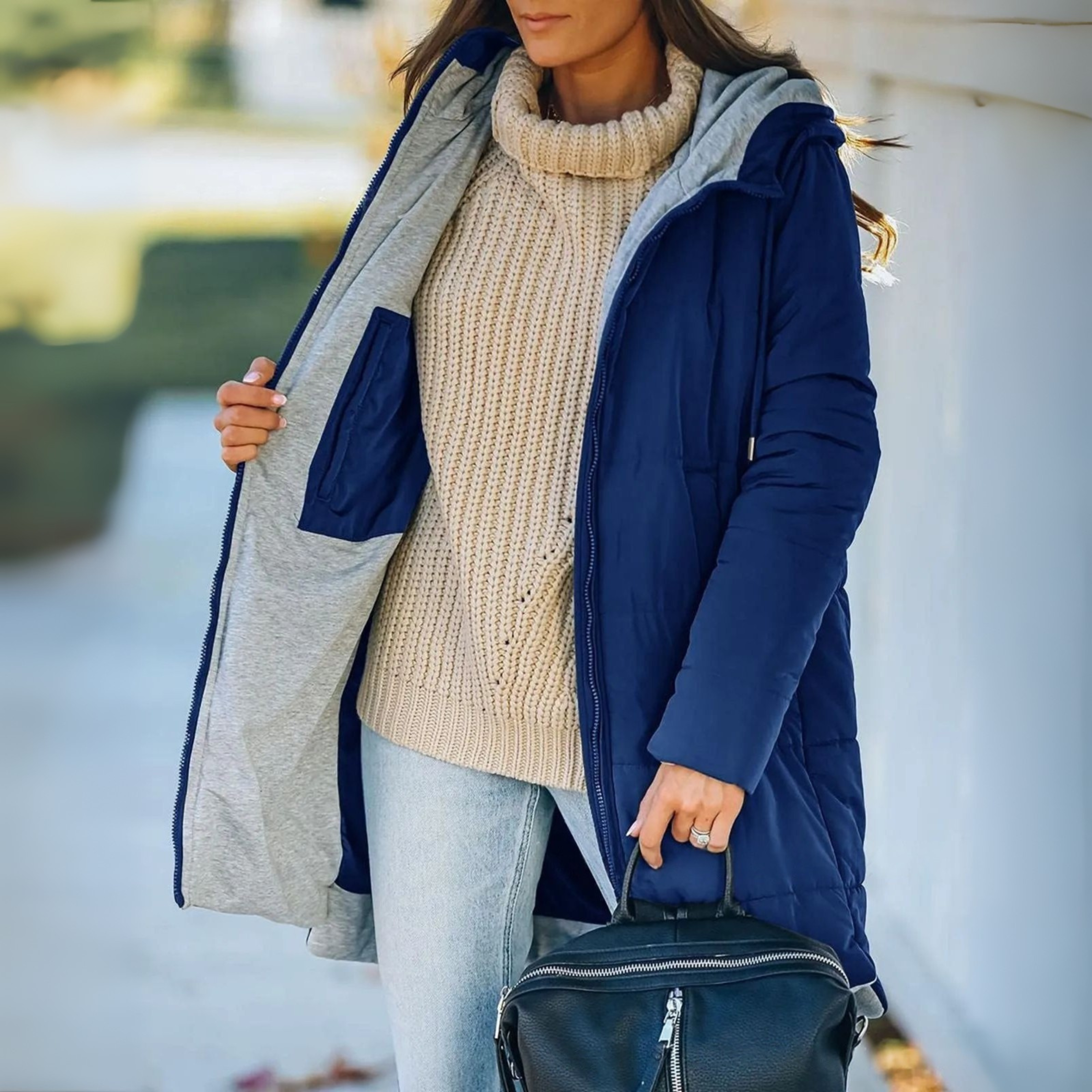 Navy hooded puffer down jacket with zip front and side pockets