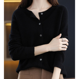 Black button-front knit pullover with long sleeves and ribbed neckline