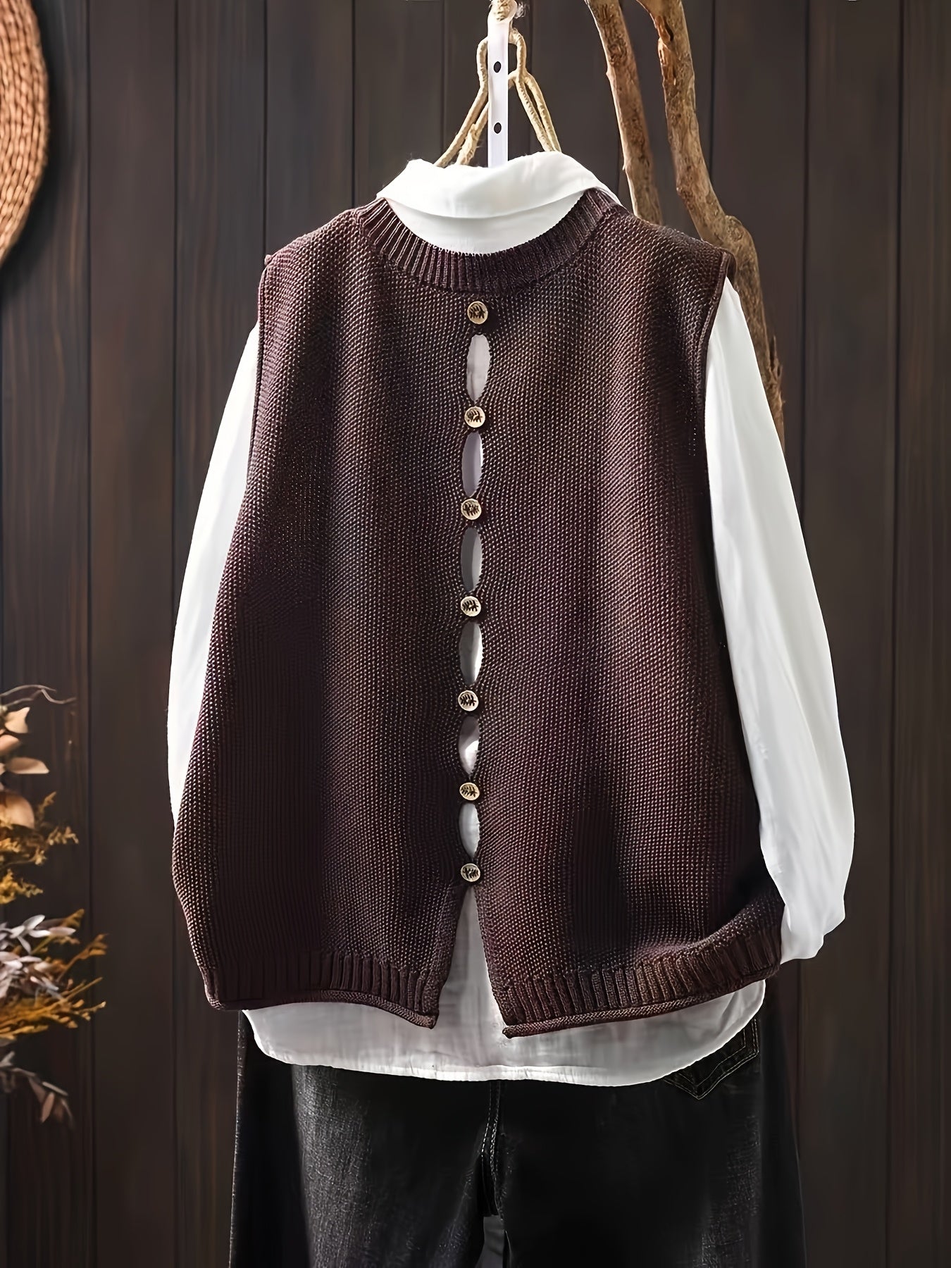 Coffee-brown sleeveless knit cardigan with vertical button placket and ribbed edges