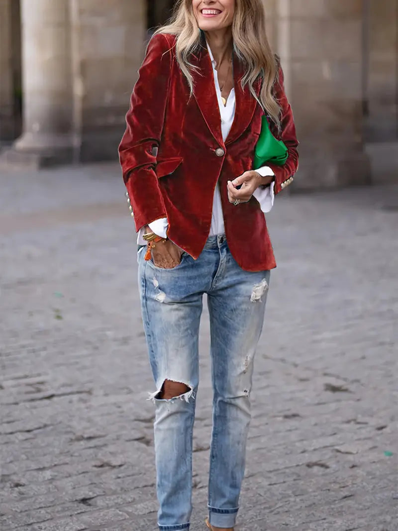 Red velvet blazer with notch lapels and gold buttons, tailored silhouette, flap pockets