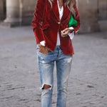 Red velvet blazer with notch lapels and gold buttons, tailored silhouette, flap pockets