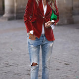 Red velvet blazer with notch lapels and gold buttons, tailored silhouette, flap pockets