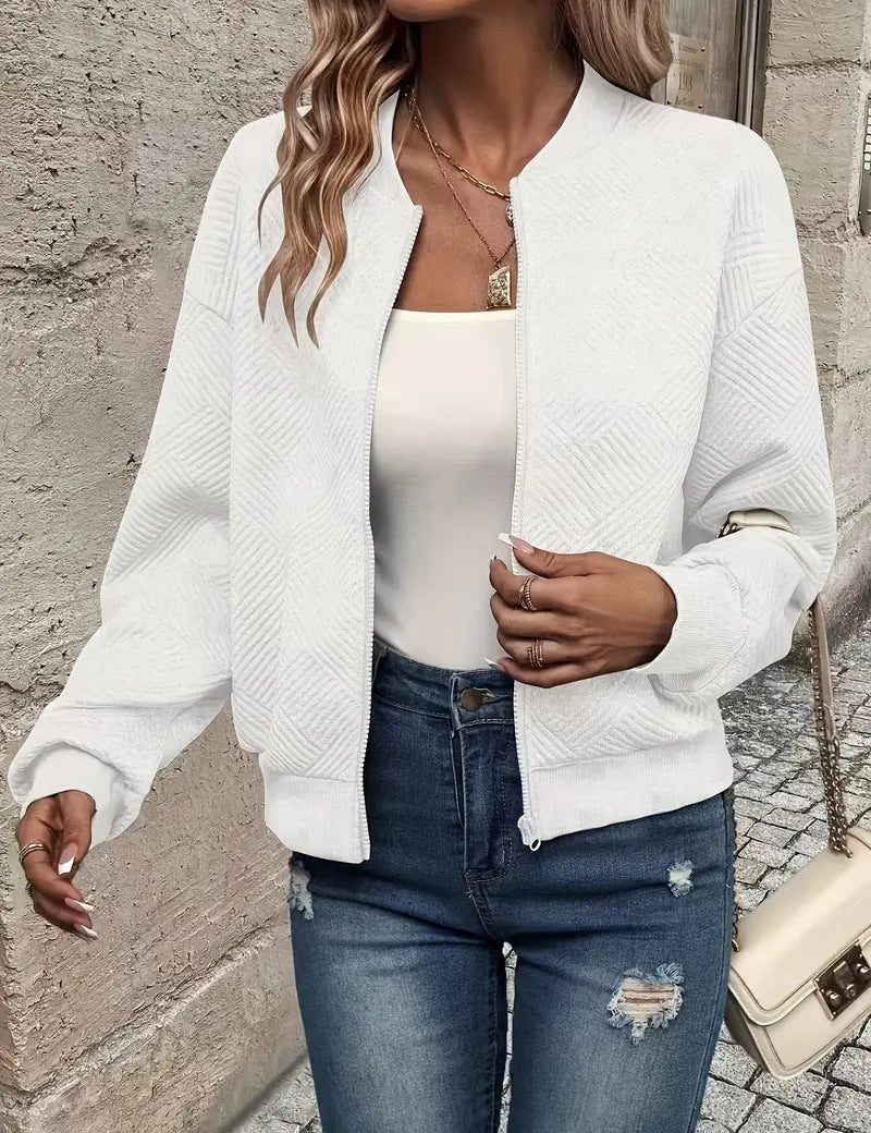Women’s relaxed zip-up jacket, white textured knit with long sleeves and front zipper