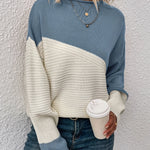 Blue and white color-block pullover sweater with long sleeves and crew neck
