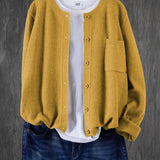 Mustard yellow round-neck cardigan with button front and side pocket