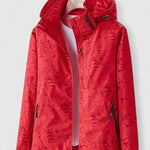 Red hooded jacket with front zipper and stand collar, leafy pattern all over