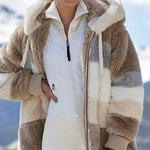 Keithy color-block sherpa jacket in tan and cream with zip-front collar