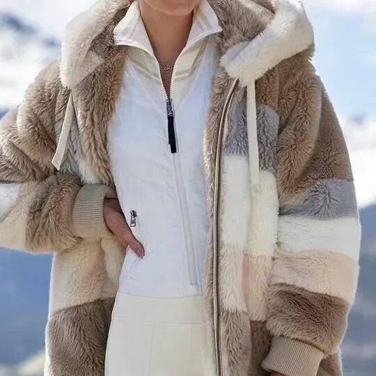 Keithy color-block sherpa jacket in tan and cream with zip-front collar