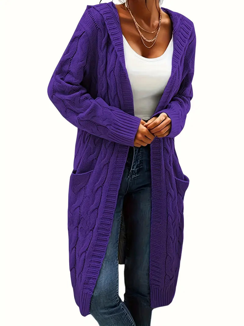 Purple cable-knit long cardigan with open front and thick ribbed edges