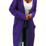 Purple cable-knit long cardigan with open front and thick ribbed edges