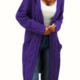 Purple cable-knit long cardigan with open front and thick ribbed edges