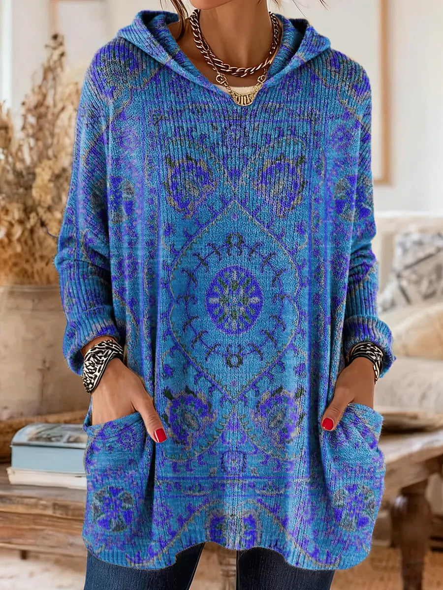 Vintage-inspired hooded knit tunic with front pockets, blue multicolor ethnic print