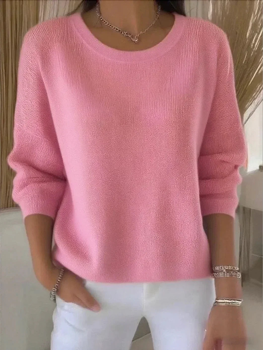 Relaxed vintage pullover, pink crewneck knit sweater with long sleeves and dropped shoulders