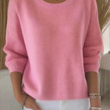 Relaxed vintage pullover, pink crewneck knit sweater with long sleeves and dropped shoulders