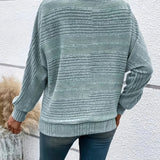 Light green striped knit pullover with batwing sleeves, ribbed cuffs and hem