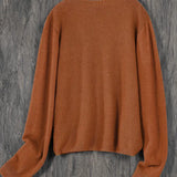 Women’s round-neck cardigan with long sleeves, rust brown knit texture, cropped back view