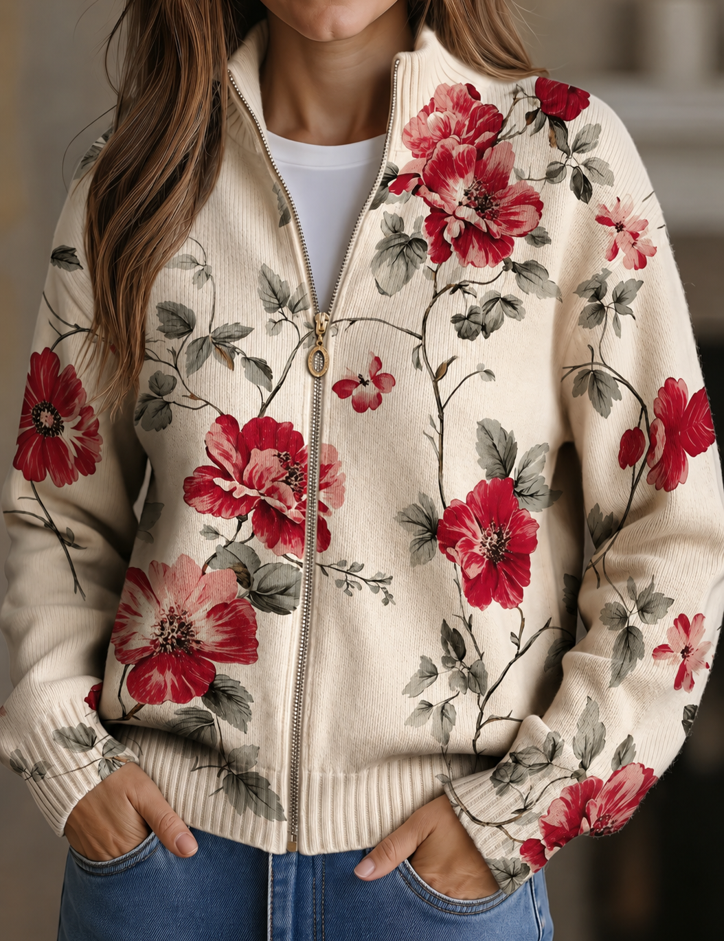 Women's floral knit cardigan with front zipper, cream base, red and gray blooms