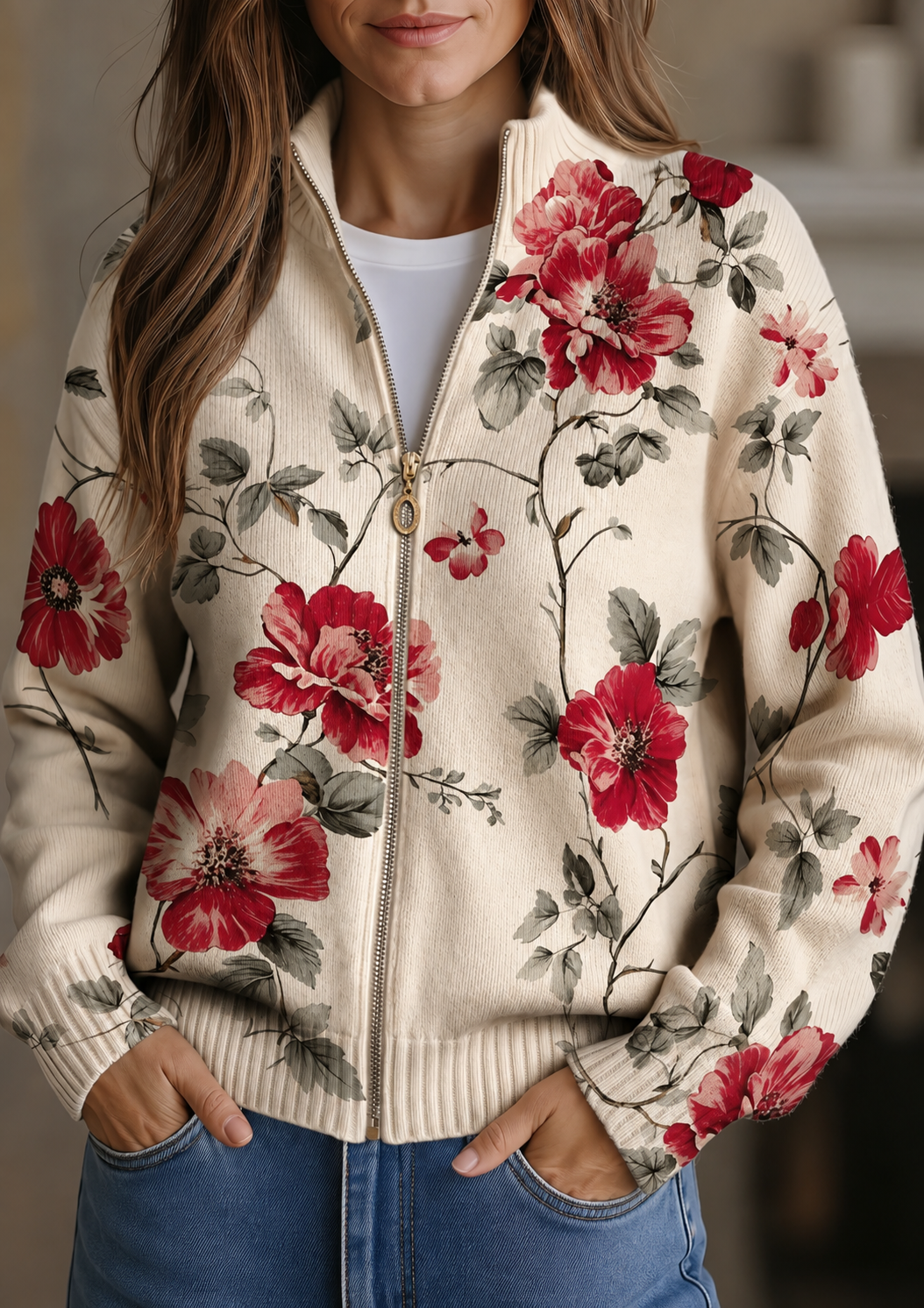 Women's floral knit cardigan with front zipper, cream base, red and gray blooms