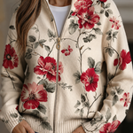 Women's floral knit cardigan with front zipper, cream base, red and gray blooms