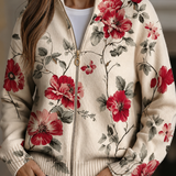 Women's floral knit cardigan with front zipper, cream base, red and gray blooms