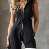 Retro-inspirierter schwarzer ärmelloser Kapuzen-Jumpsuit mit sportlichen Spitzenstreifen