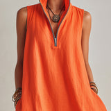 Helles Orange Leinen Halb-Reißverschluss Mini-Kleid mit Rüschensaum und Stehkragen
