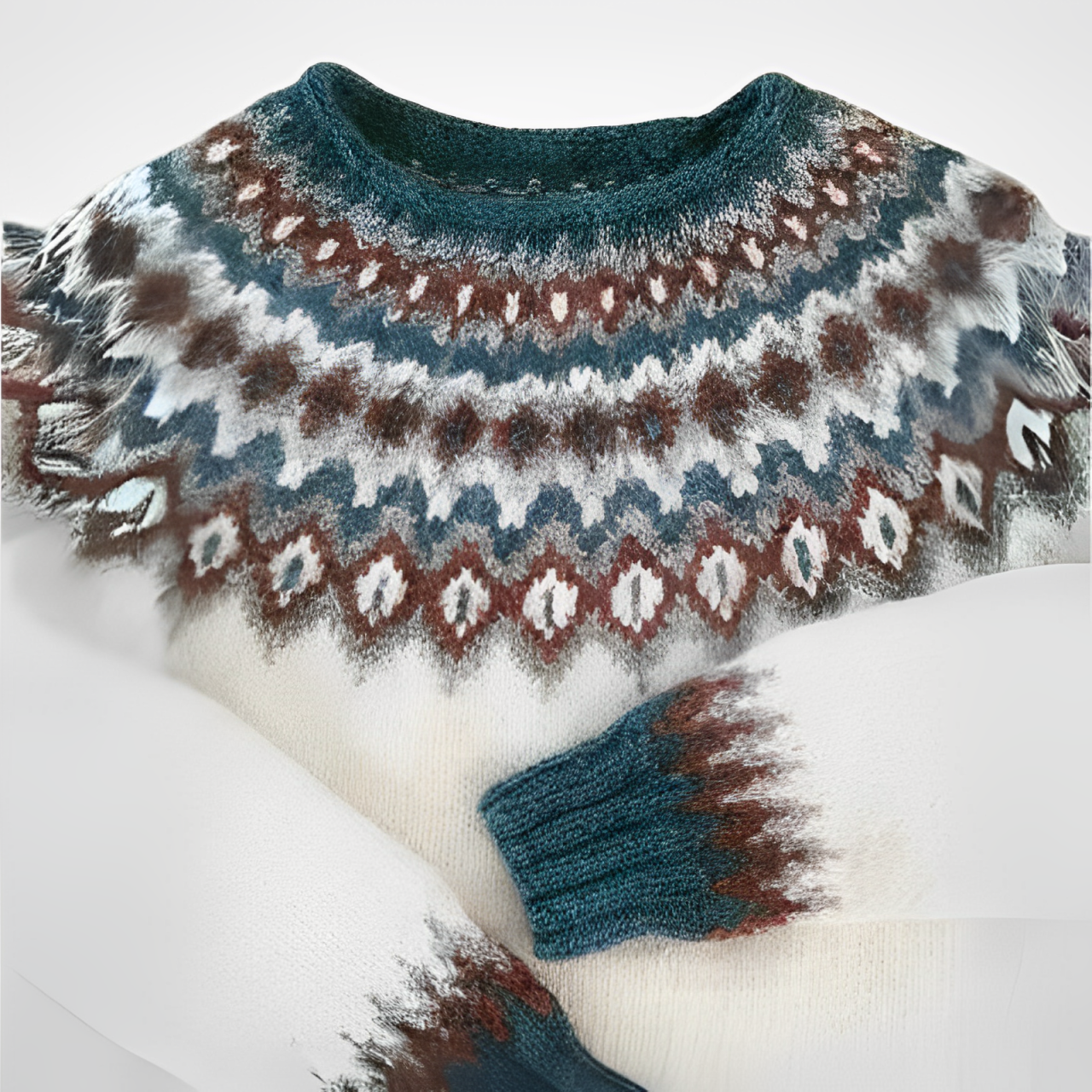 Fride vintage sweater, teal and brown fair-isle pattern on off-white fuzzy knit