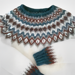 Fride vintage sweater, teal and brown fair-isle pattern on off-white fuzzy knit