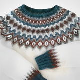 Fride vintage sweater, teal and brown fair-isle pattern on off-white fuzzy knit