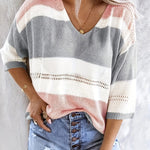 Olga™ striped V-neck pullover sweater, pink, gray, and white stripes