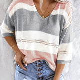 Olga™ striped V-neck pullover sweater, pink, gray, and white stripes