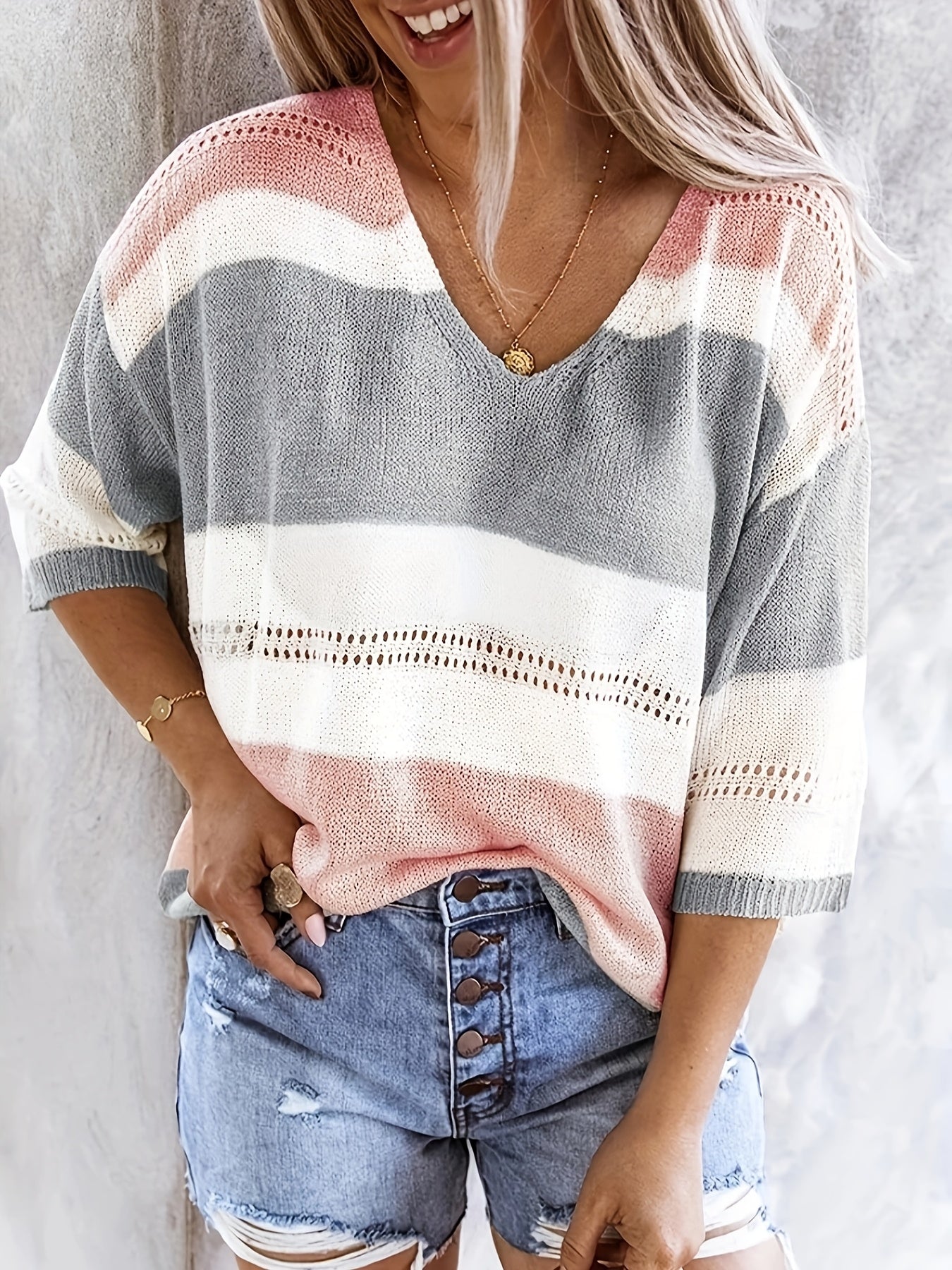 Olga™ striped V-neck pullover sweater, pink, gray, and white stripes