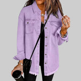 Lavender/purple denim-style button jacket with chest pockets and frayed hem