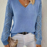 Blue long-sleeve V-neck knit sweater with lace-textured sleeve panels