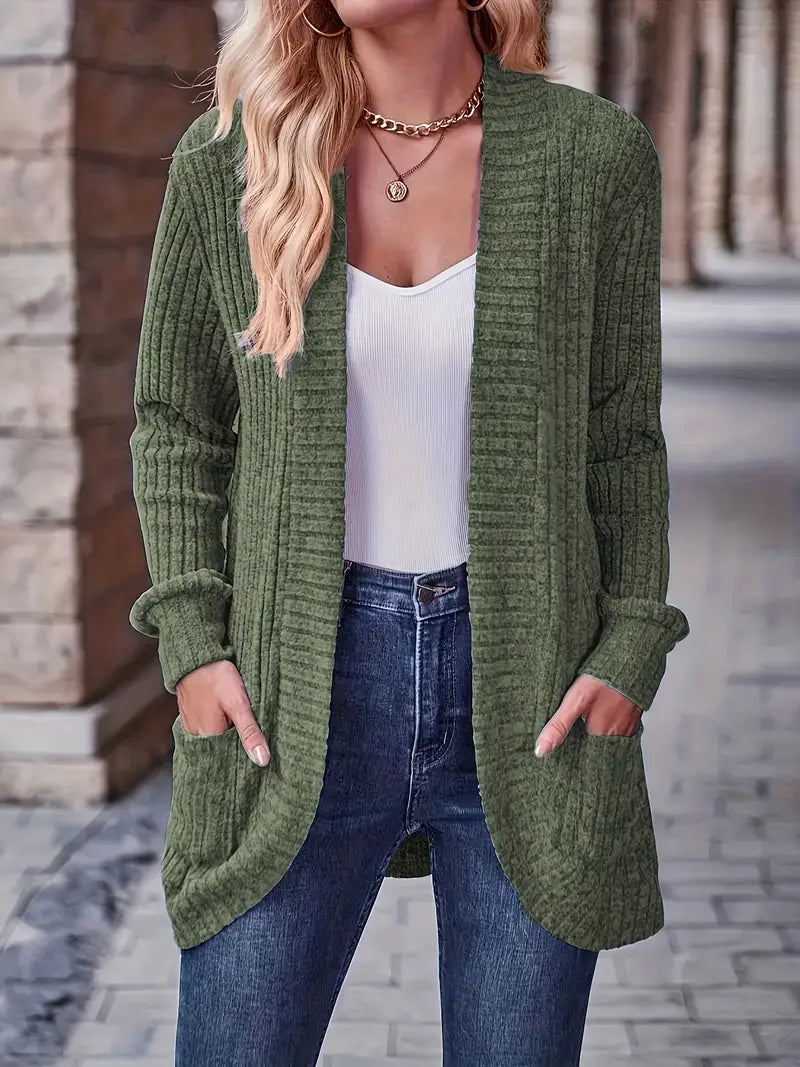 Ribbed knit cardigan with long sleeves, patch pockets, open front, olive green