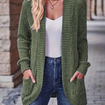 Ribbed knit cardigan with long sleeves, patch pockets, open front, olive green