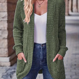 Ribbed knit cardigan with long sleeves, patch pockets, open front, olive green