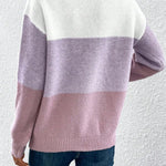 Ombre knit pullover back view, pale lavender to purple, ribbed hem and cuffs
